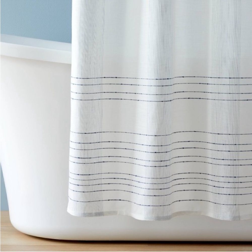 HEARTH & HAND NWT pinstripe border textured shower curtain -blue - Picture 2 of 9